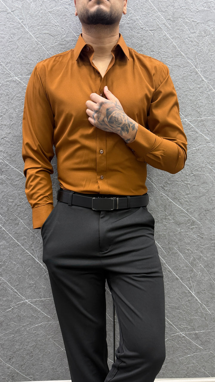 Camisa Formal Lorenzo Slim Fit Satinada - Café