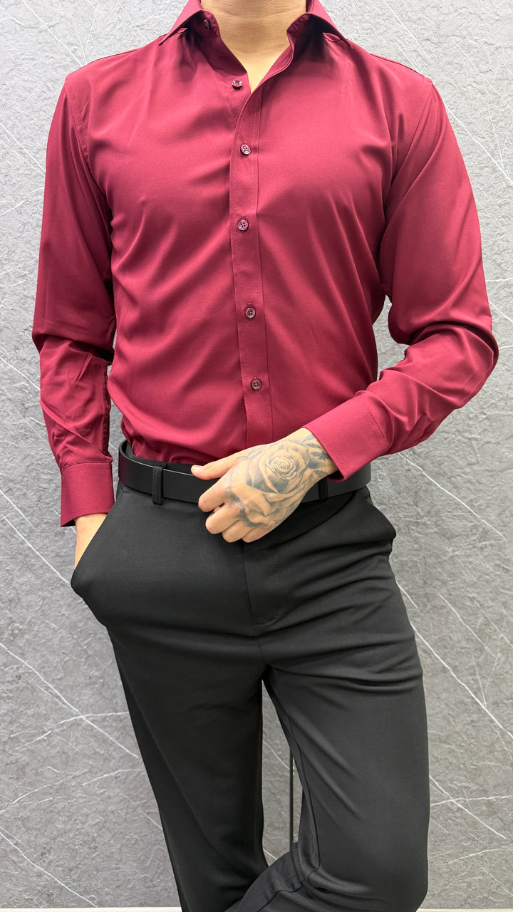 Camisa Formal Lorenzo Slim Fit Satinada - Burdeo