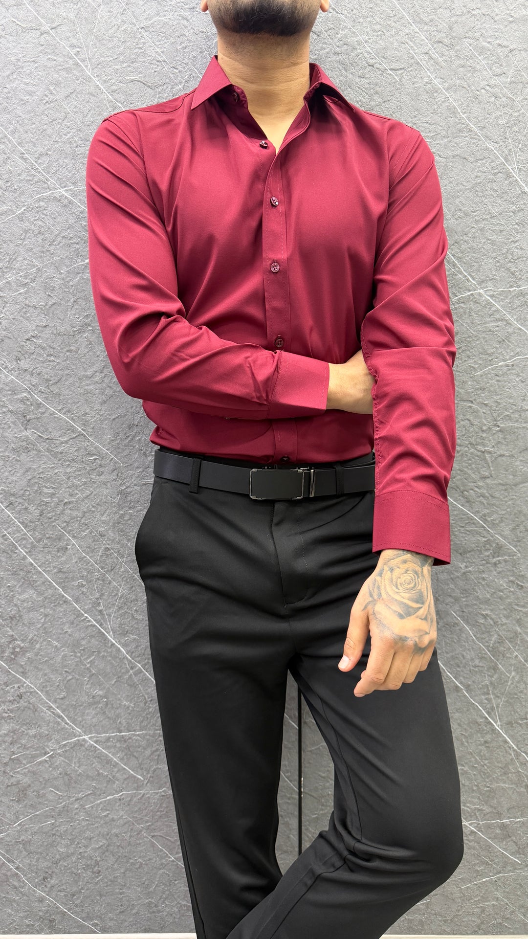 Camisa Formal Lorenzo Slim Fit Satinada - Burdeo