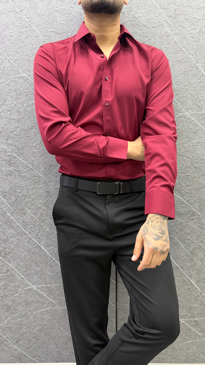 Camisa Formal Lorenzo Slim Fit Satinada - Burdeo