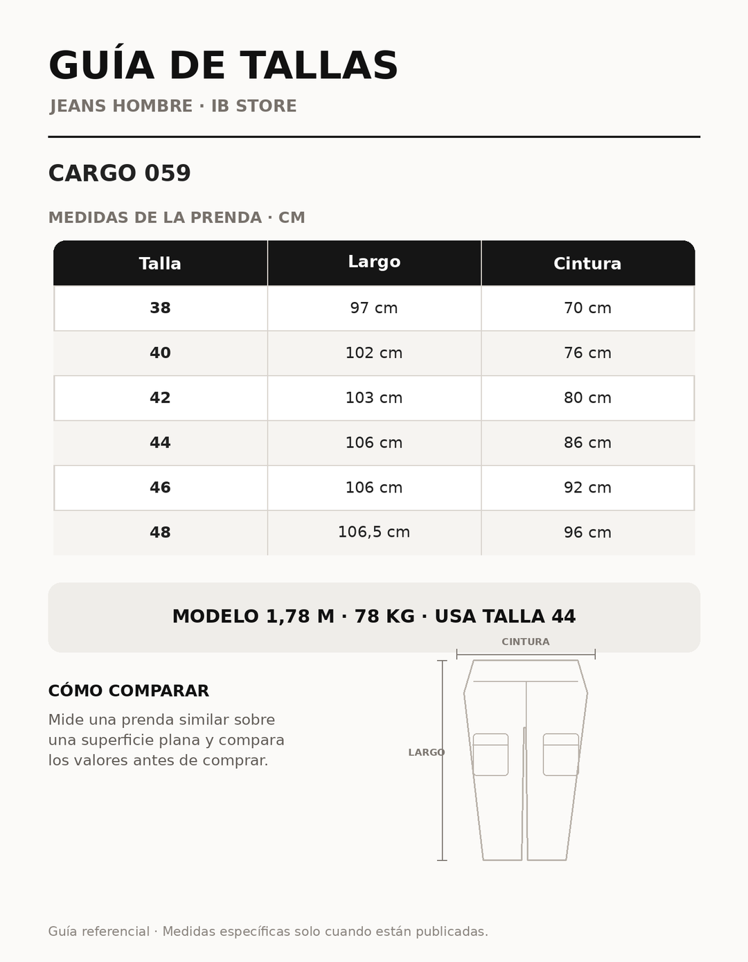 Guía de talla y calce Cargo 059 IB STORE HOMBRE