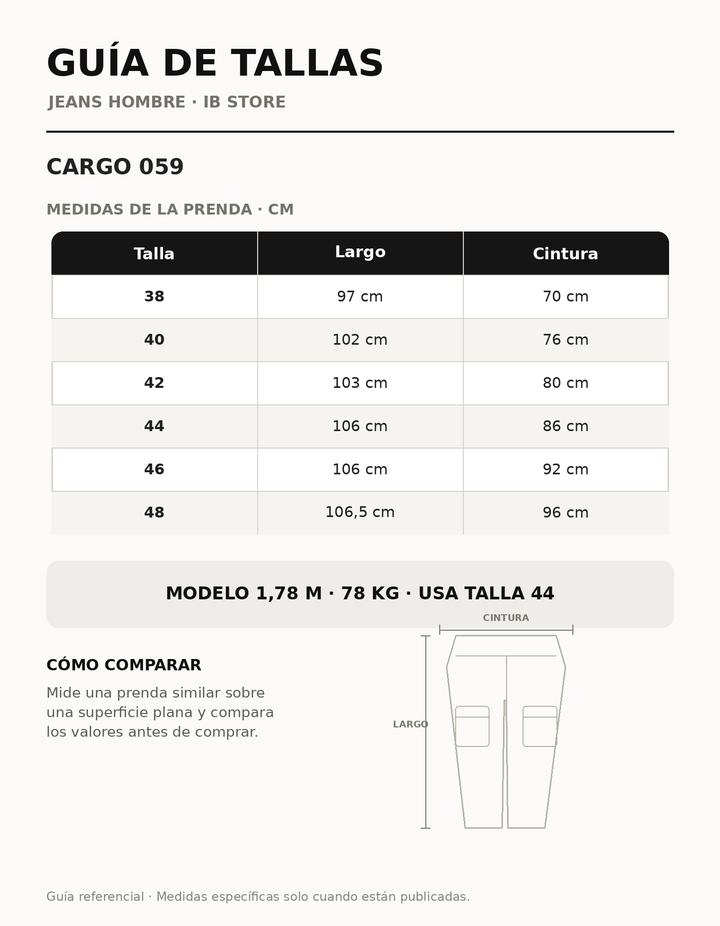 Guía de talla y calce Cargo 059 IB STORE HOMBRE
