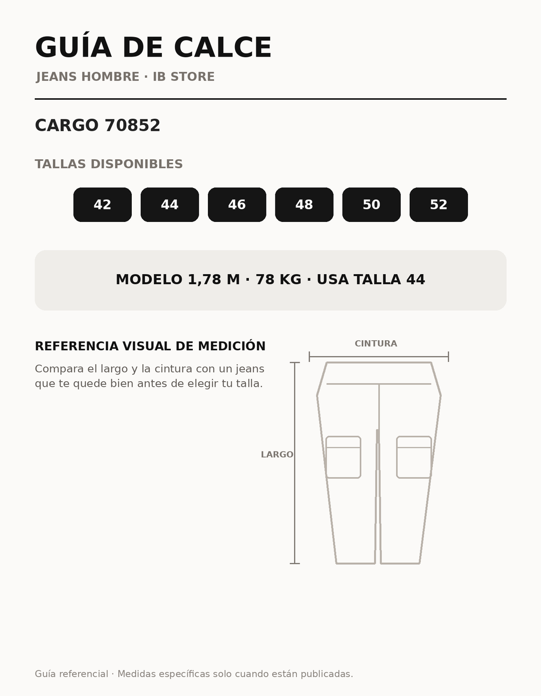 Guía de talla y calce Cargo 70852 IB STORE HOMBRE