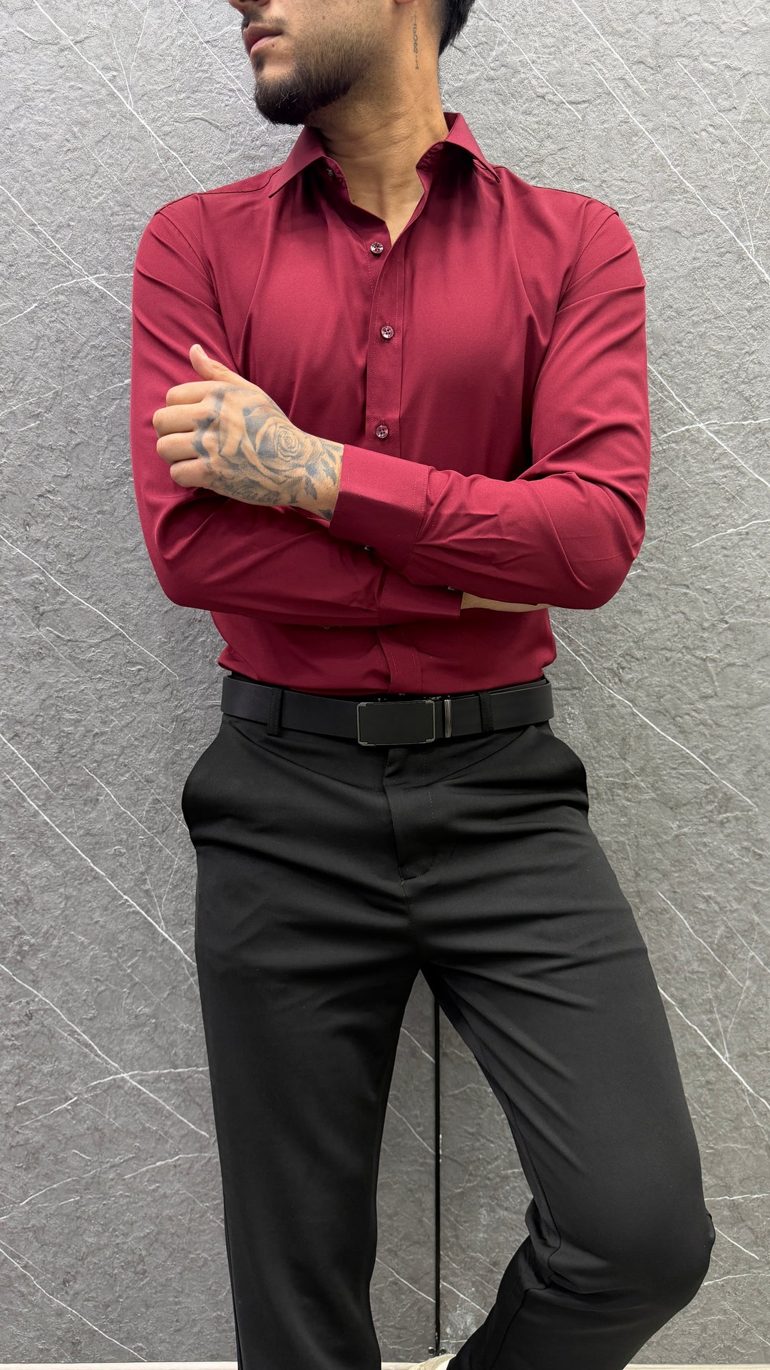 Camisa Formal Lorenzo Slim Fit Satinada - Burdeo