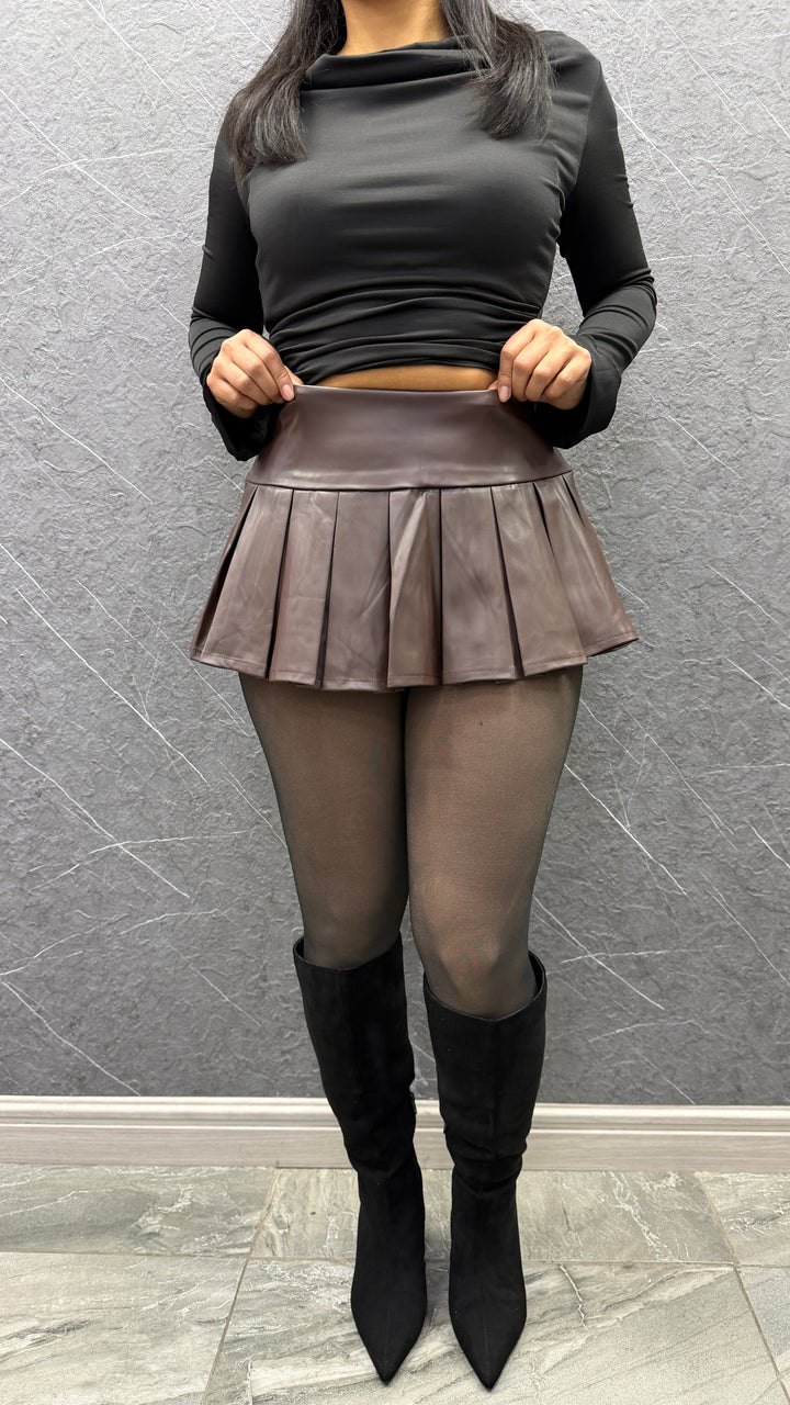 Falda eco cuero Tableada café ibstore