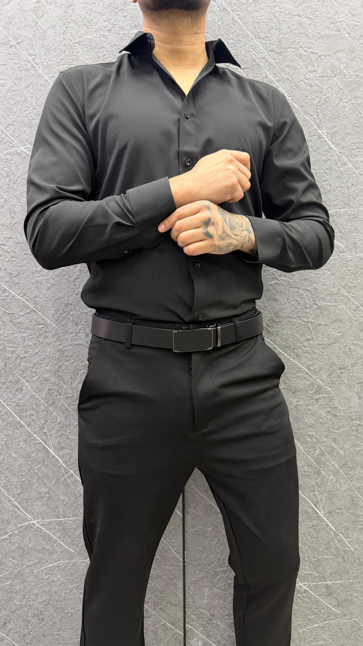 Camisa Formal Lorenzo Slim Fit Satinada - negra