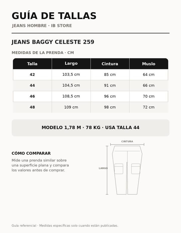 Guía de talla y calce Jeans Baggy celeste 259 IB STORE HOMBRE