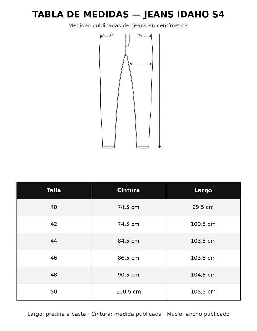 Tabla de medidas Jeans Idaho (S4) IB STORE HOMBRE