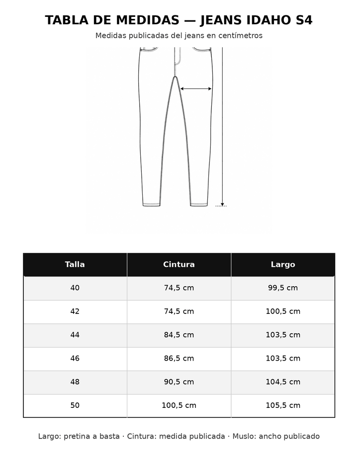 Tabla de medidas Jeans Idaho (S4) IB STORE HOMBRE