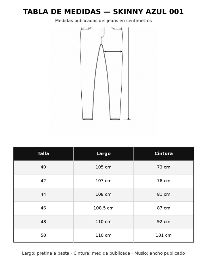 Tabla de medidas Skinny Azul 001 IB STORE HOMBRE